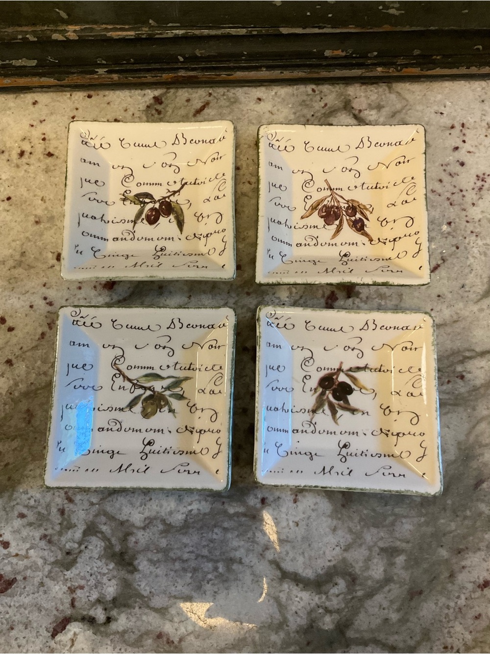 Four Williams Sonoma Portugal Square Olive Pattern Dipping Plates Script